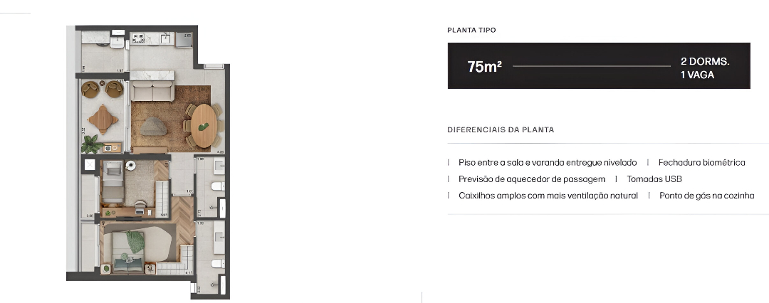 Planta 75m² | 2 Dorms.