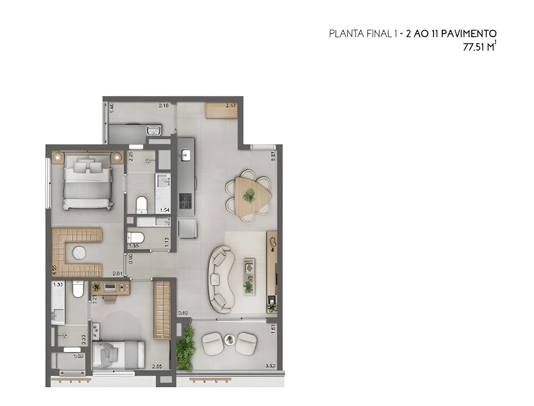 Planta 77m² | 2 Suítes